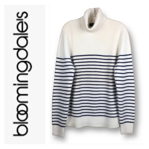 Bloomingdale’s Chunky Knit Striped Merino Wool Unisex Turtleneck Sweater Size L - Picture 1 of 9